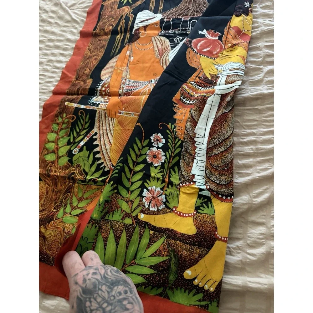 Hindu religious art vintage tapestry of 2 women, orange red, 41x35
